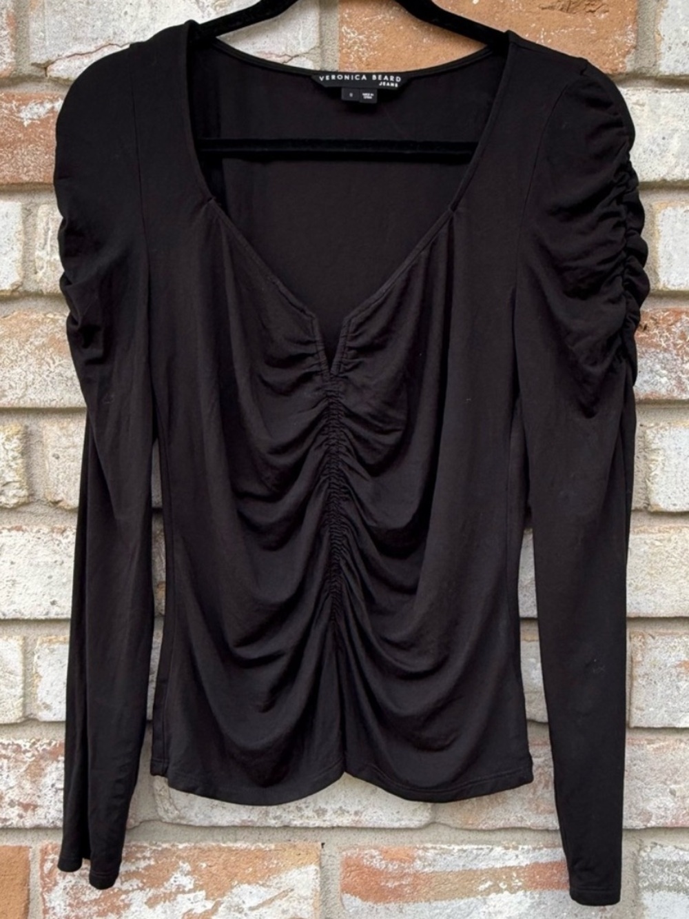 Veronica Beard Black Ruched Scoop-Neck Long Sleeve Top